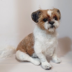 Needle felted dog sculpture replica from wool. Brown white colors. Gift for dog loss. Gift for birthday.