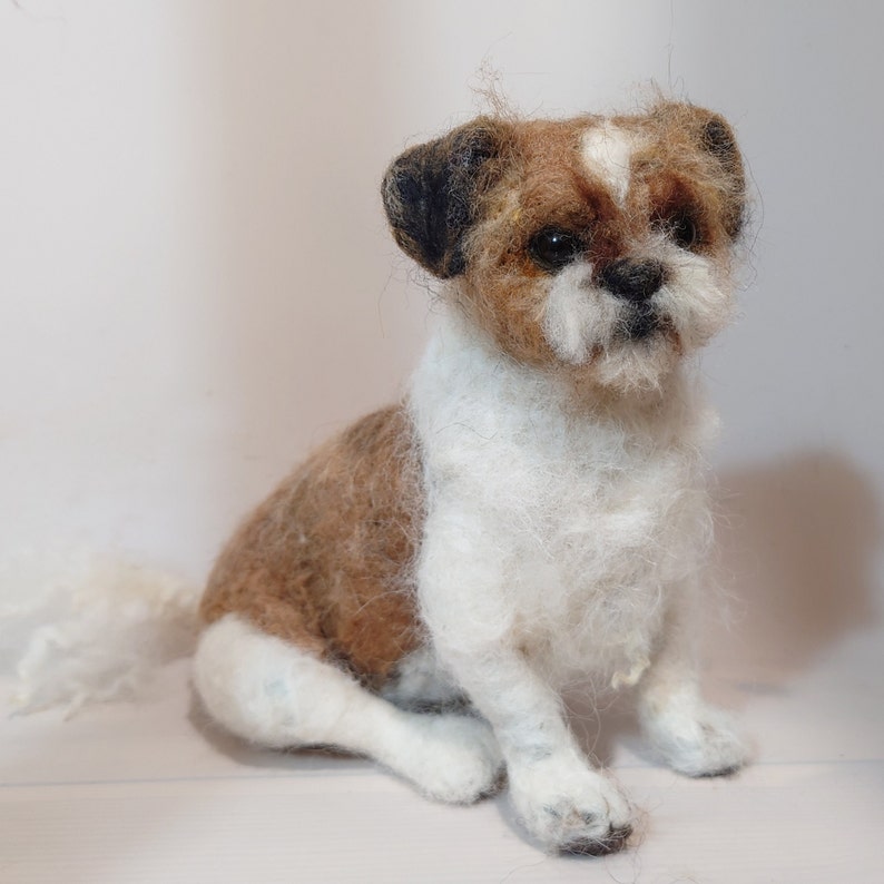 Needle felted dog sculpture replica from wool. Brown white colors. Gift for dog loss. Gift for birthday.