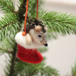 Needle Felted Christmas Hedgehog Decoration,Christmas Stocking,Unique accent,Needle Felt Ornament,Felting,Felt Hedgehog image 1
