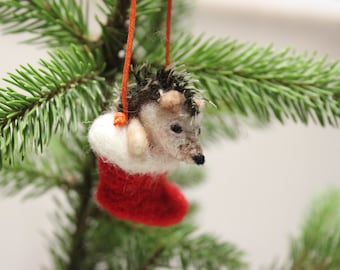 Needle Felted Christmas Hedgehog Decoration,Christmas Stocking,Unique accent,Needle Felt Ornament,Felting,Felt Hedgehog