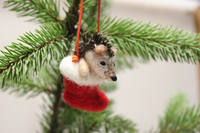 Needle Felted Christmas Hedgehog Decoration,Christmas Stocking,Unique accent,Needle Felt Ornament,Felting,Felt Hedgehog image 1