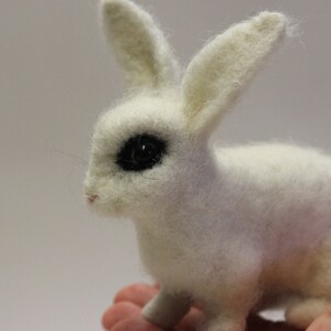 May include: A white, needle-felted rabbit with black eyes. The rabbit is sitting on a hand.