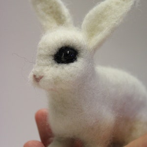May include: A white, needle-felted rabbit with black eyes. The rabbit is sitting in a person's hand.