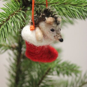 Needle Felted Christmas Hedgehog Decoration,Christmas Stocking,Unique accent,Needle Felt Ornament,Felting,Felt Hedgehog image 4