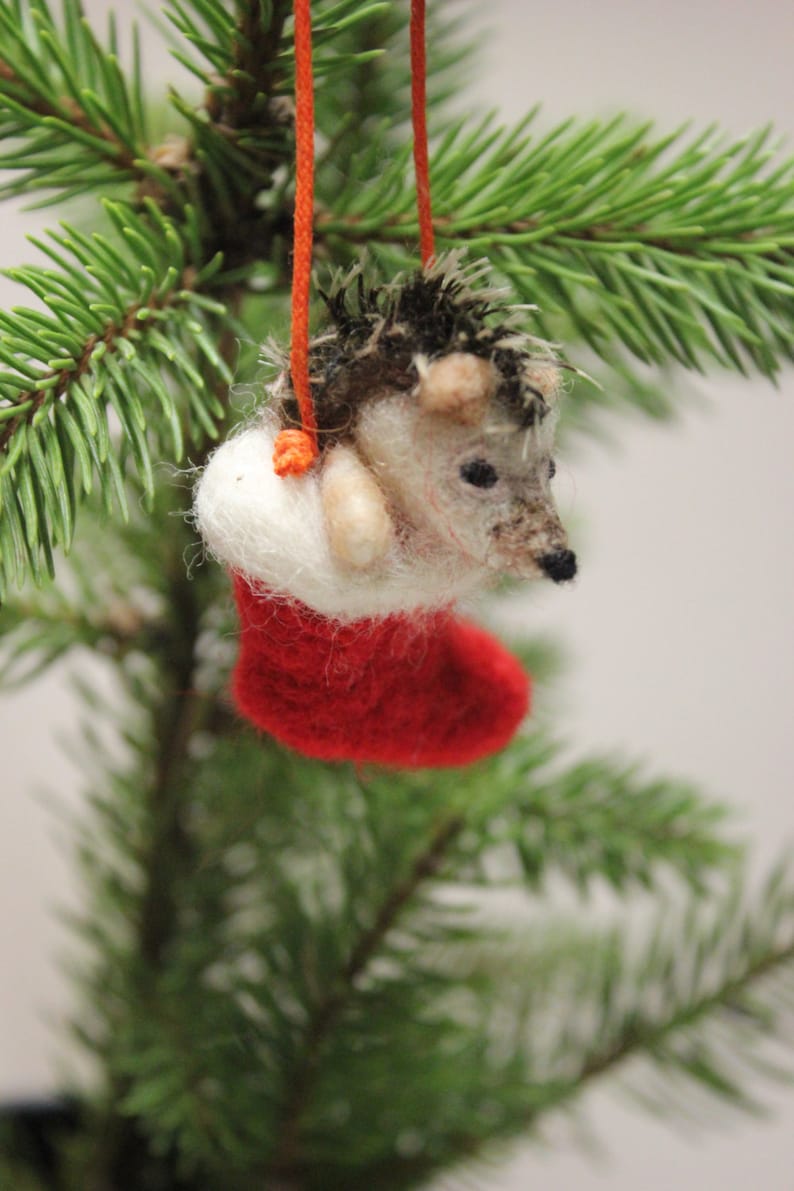 Needle Felted Christmas Hedgehog Decoration,Christmas Stocking,Unique accent,Needle Felt Ornament,Felting,Felt Hedgehog image 4