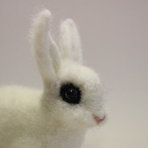 May include: A white fluffy rabbit with black eyes. The rabbit is made of felt and has a soft, cuddly appearance.