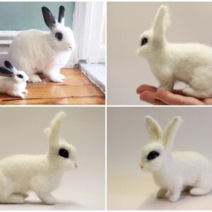May include: Four needle felted white rabbits with black eyes. The rabbits are different sizes and are posed in various positions.