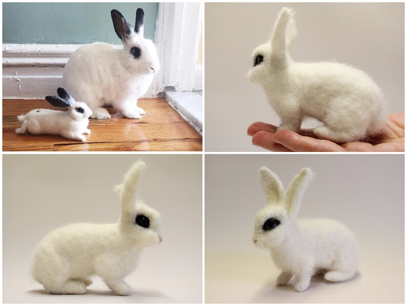 May include: Four needle felted white rabbits with black eyes. The rabbits are different sizes and are posed in various positions.