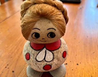 Vintage Hand Painted Rock Sculpture/ Charming Sculpture of a Woman Made of Painted Rocks and Braided Hair/ 1970s Hand Crafted Rock Art