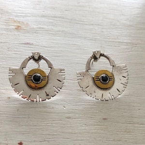 Vintage Designer Silver, Brass and Onyx Earrings/ Hand Crafted Sterling Silver Earrings/