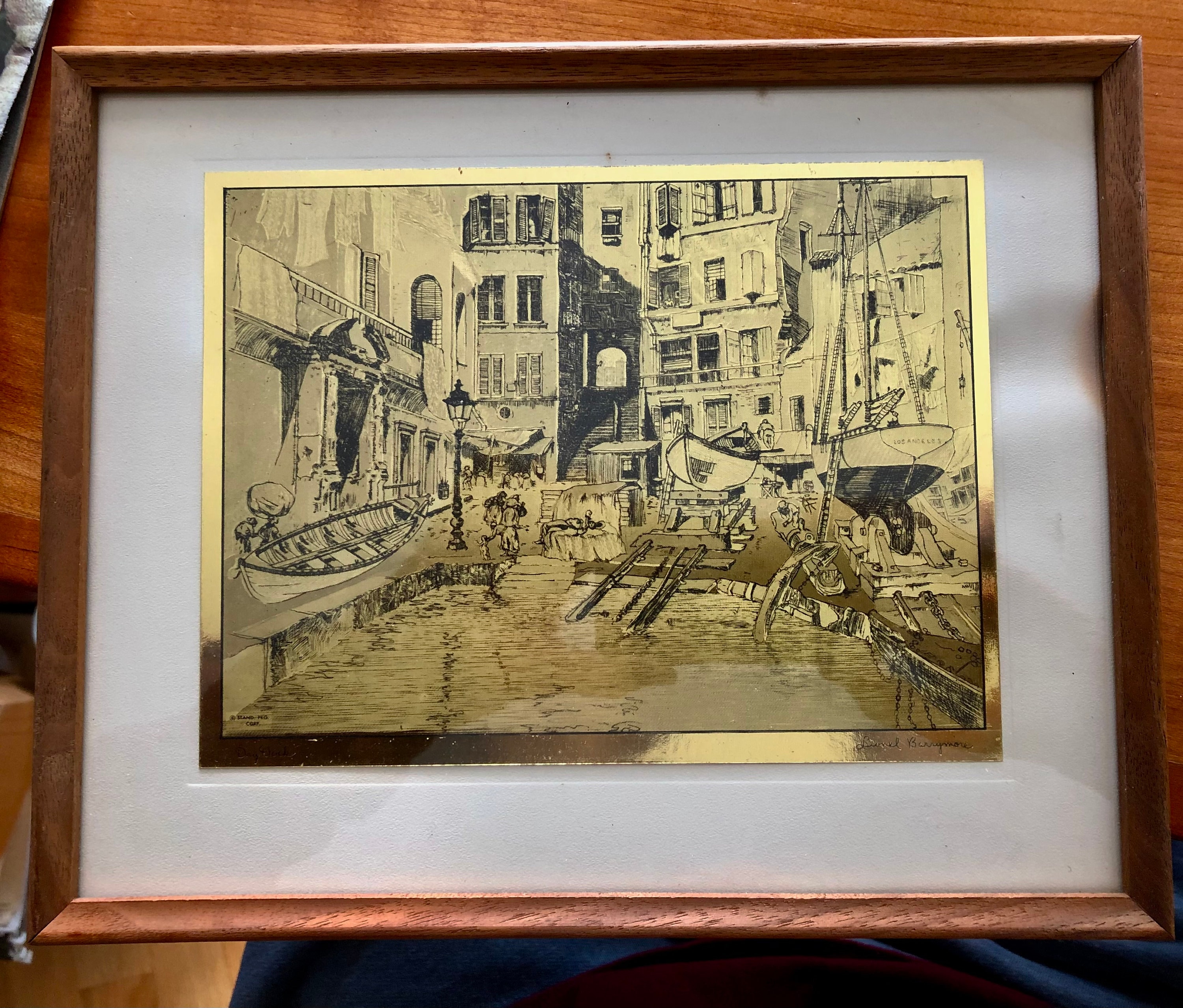 Vintage Lionel Barrymore "Dry Dock" Framed Foil Art/ Framed Los Angeles Dock Scene from Lionel Barrymore