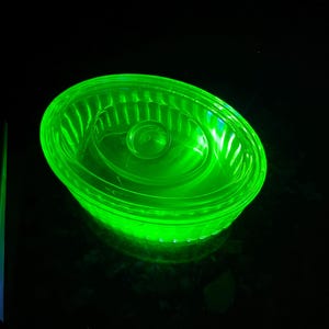Vintage 1930s Uranium Glass Refrigerator Container with Lid/ Depression Era Large Green Oval Dish/ Anchor Hocking