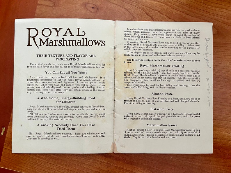 Rare Vintage Recipe Brochure/ The Useful Marshmallow/ Royal Marshmallows Rochester, NY/ 1920s Marshmallow promotion. image 3