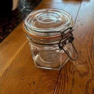 Vintage 1980s Italian Style Clear Glass Clamp Lid Small Canister 4&quot;