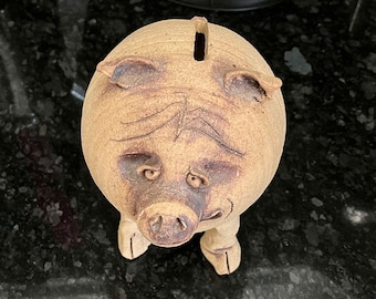 Vintage Stoneware Pig Piggy Bank/ Studio Art Pottery Pig Coin Bank/ mid-century Piggy Bank