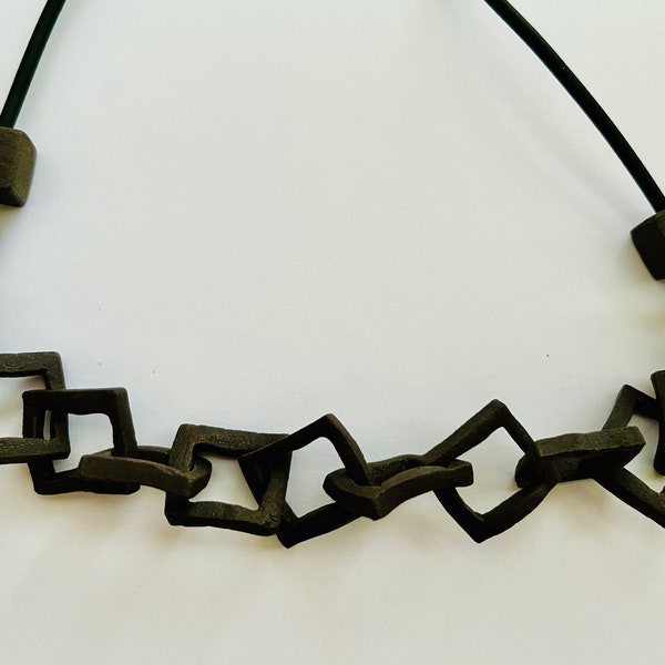 Funky Statement Necklace Made of Black Ceramic/ Hand Crafted Ceramic Necklace/ From Parisian Craft Studio/ 20 inch Necklace