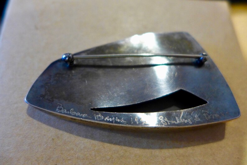 Vintage Original Designer Barbara Bayne Modern Handcrafted Brooch Sterling Silver and Brass Signed and Dated by Artist Modernist Pin