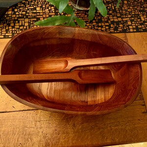 Vintage Mid 20th Century Dansk Oval Staved Teak Wood Bowl and Serving Utensils/ MCM Jens Quistgaard