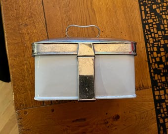 Vintage Prince of Wares White Enamel Porcelain/ Metal Tin Box Made in England/ Metal Lid with Tension Set Metal Straps/ Rotating Handle