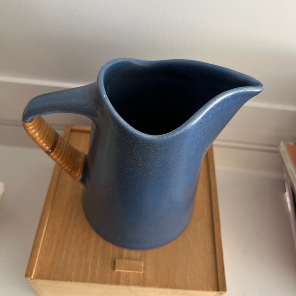 Vintage Blue Stoneware Milk Pitcher/ Marked USA K-5/ Matte Blue Finish/ Handle Rattan Wrapped/ 1970s Pottery Pitcher