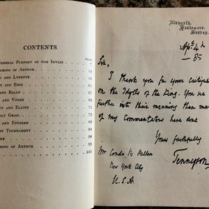 May include: A handwritten letter from Alfred Lord Tennyson, author of "Idylls of the King", thanking someone for their critique of his work. The letter is dated 4 April 1885.