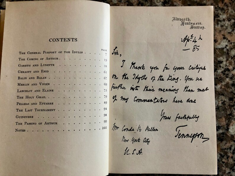 May include: A handwritten letter from Alfred Lord Tennyson, author of "Idylls of the King", thanking someone for their critique of his work. The letter is dated 4 April 1885.