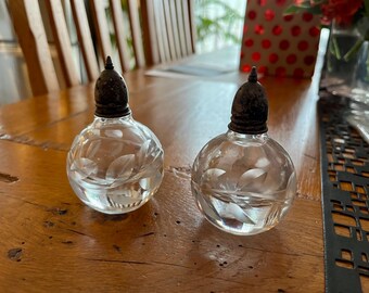 Vintage Cut-to-Clear Crystal Shakers/ Hand-cut with Frosted Leaf Pattern/ Marked D34 on Bottom/ Heavy Glass Shakers