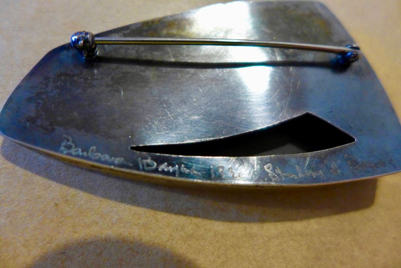 Vintage Original Designer Barbara Bayne Modern Handcrafted Brooch Sterling Silver and Brass Signed and Dated by Artist Modernist Pin