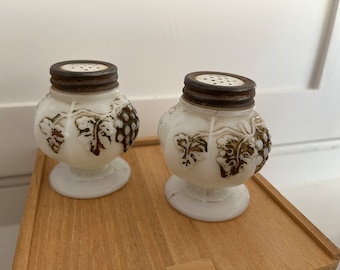 Antique Milk Glass Salt & Pepper Shakers/ Hand Painted with a Grape Design/ Vintage Milk Glass Shakers