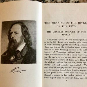 May include: A black and white portrait of Alfred, Lord Tennyson, the author of "Idylls of the King", with a signature below the image. The text above the image reads "The Meaning of the Idylls of the King" and "The General Purport of the Idylls".