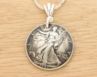 For 75th: 1943 Antiqued US Half Dollar Necklace 75th Birthday Gift Coin Jewelry