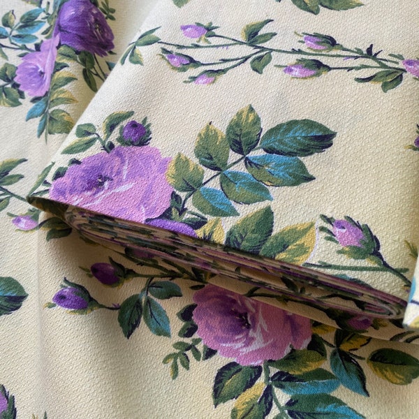 Lovely unused vintage 50's floral barkcloth curtain fabric - by the M, roses