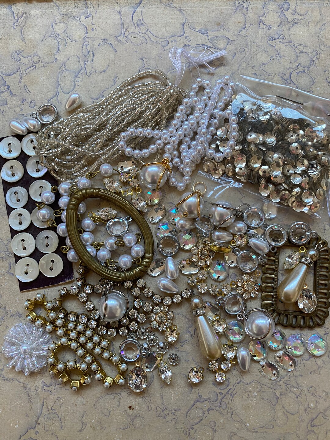 Lot of Vintage Craft, Jewellery Supplies Gold, Brass, Pearl, Diamante Charms, Beads, Chains