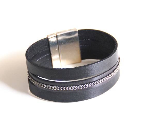 Items similar to Men's Black Leather Cuff Bracelet Cuff Bracelet Men