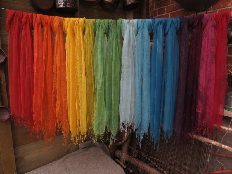 Naturally dyed 100% mulberry silk scarves super soft ethically traded rainbow colours image 1