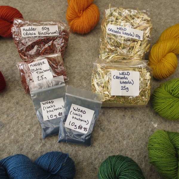 Natural dyestuffs - turkish madder, logwood, cochineal and locally gathered British dyeplants