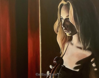 Original Painting Violinist Girl with Violin Backstage Gift for Musician Fine Art Figure Art Painting on Canvas