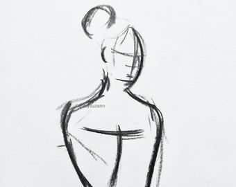Charcoal Figure Sketch, Minimalist Art, Sitting Woman, Spa Art