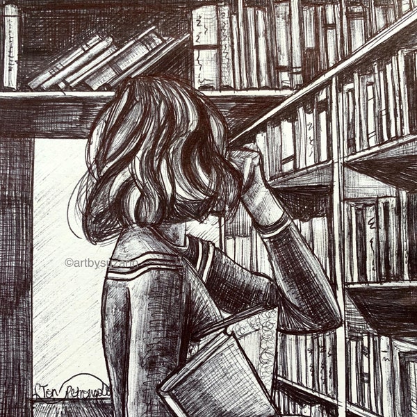 Library Escape Art Print | Girl in Bookstore | Book Inspired Art Print | Pen and Ink Drawing Bookish Light Academia Gift for Reader