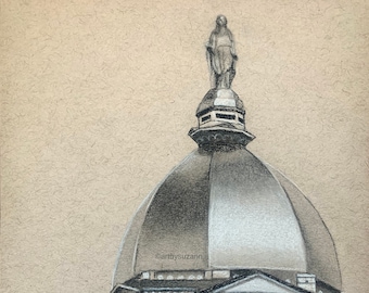Notre Dame Dome Charcoal Drawing Art Print, Alumni Gift