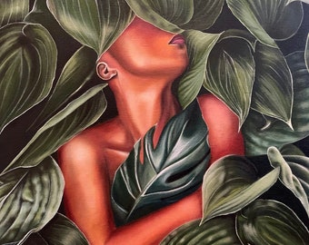 Original Painting Abstract Nature | Girl in Leaves Painting Abstract Figure Original Canvas Painting Surreal Fine Art
