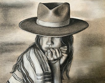 Original Drawing Cowgirl Girl in Cowboy Hat Art | Charcoal Drawing Country Home Art Farmhouse Decor | Country Girl Decor