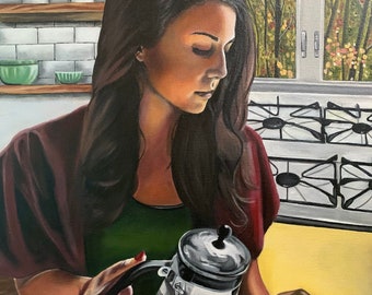 Original Painting Coffee Pour | Morning Coffee Fine art Original Art on Canvas Acrylic Painting Figure Painting