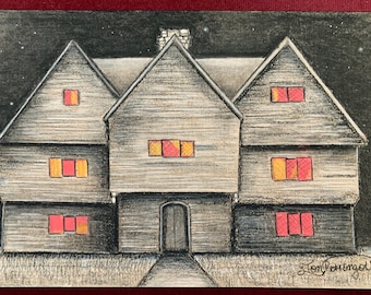 Original Salem Witch House Drawing | Haunted House Drawing | Charcoal Drawing | Spooky House | Halloween Decor