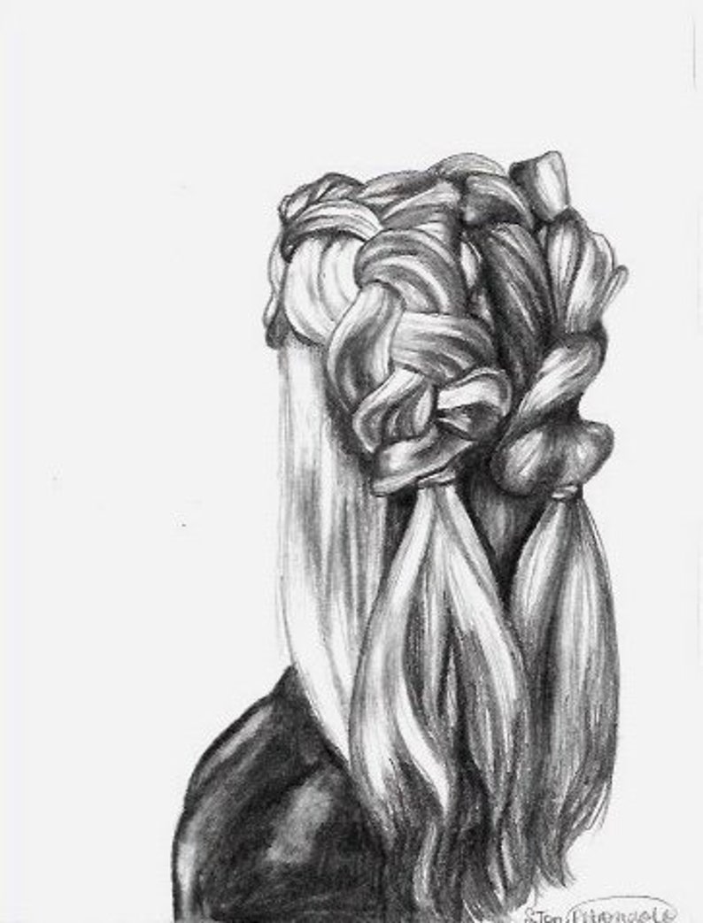 Hair braids original pencil drawing hair pencil sketch original art framed pencil sketch black and white sketch small art