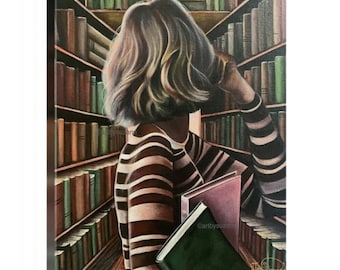 Canvas Print Library Girl Girl in Bookstore Painting Light Academia Art Reading Room Art Gift for Reader