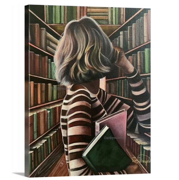 Canvas Print Library Girl Girl in Bookstore Painting Light Academia Art Reading Room Art Gift for Reader Etsy Canada