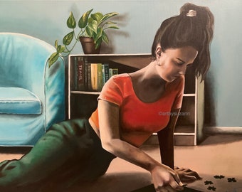 Original Final Pieces Painting | Girl and a Puzzle | Framed Original Art | Figure Art | Living Room Wall Art | Ready to Hang Fine Art