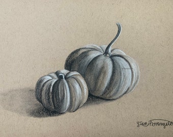 Original Drawing Pumpkins | Small Pumpkins Art | Cottagecore Art | Country House Art | Light Academia