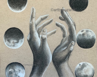 Lámina artística de fases lunares, decoración astrológica, lámina de dibujo a carboncillo